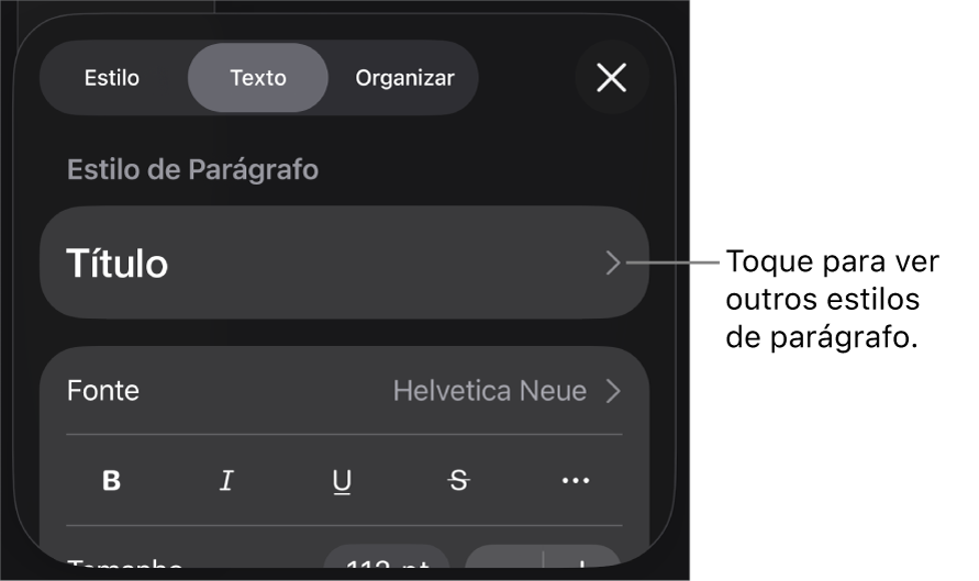 O menu Formatar, mostrando controles de texto para definir estilo, fonte, tamanho e cor de caractere e parágrafo.