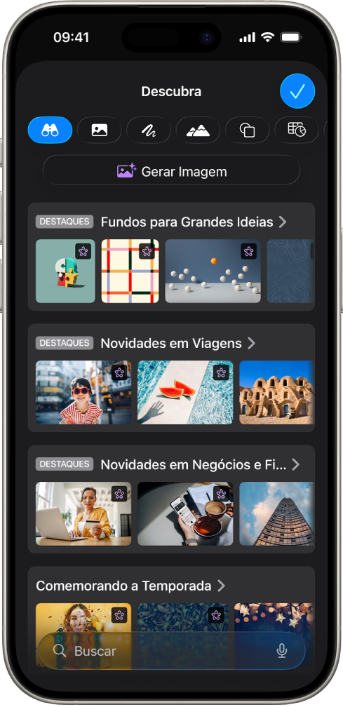 A categoria Descobrir da Central de Conteúdo exibe opções para gerar uma imagem ou adicionar imagens premium a um slide.
