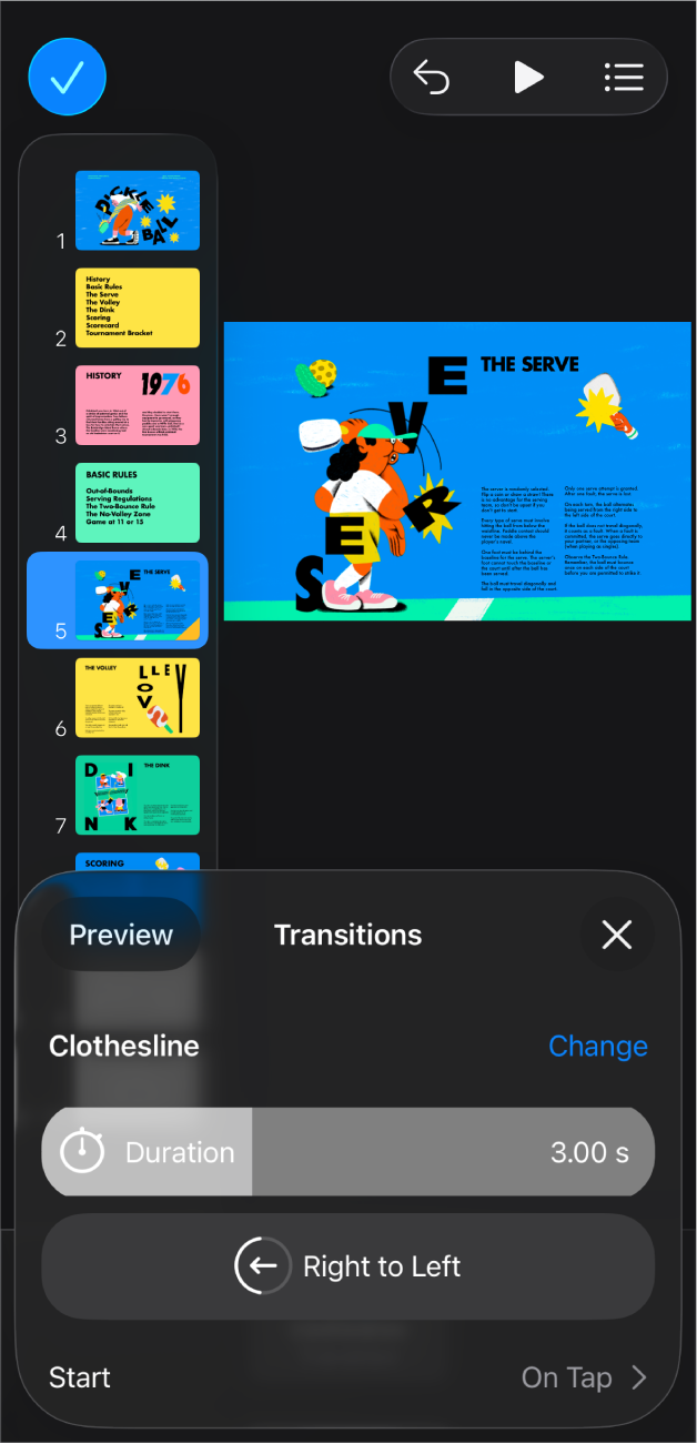 A aplicação Keynote com um diapositivo selecionado no navegador de diapositivos no lado esquerdo do ecrã. O botão "Transição” aparece no menu no lado direito do diapositivo selecionado.