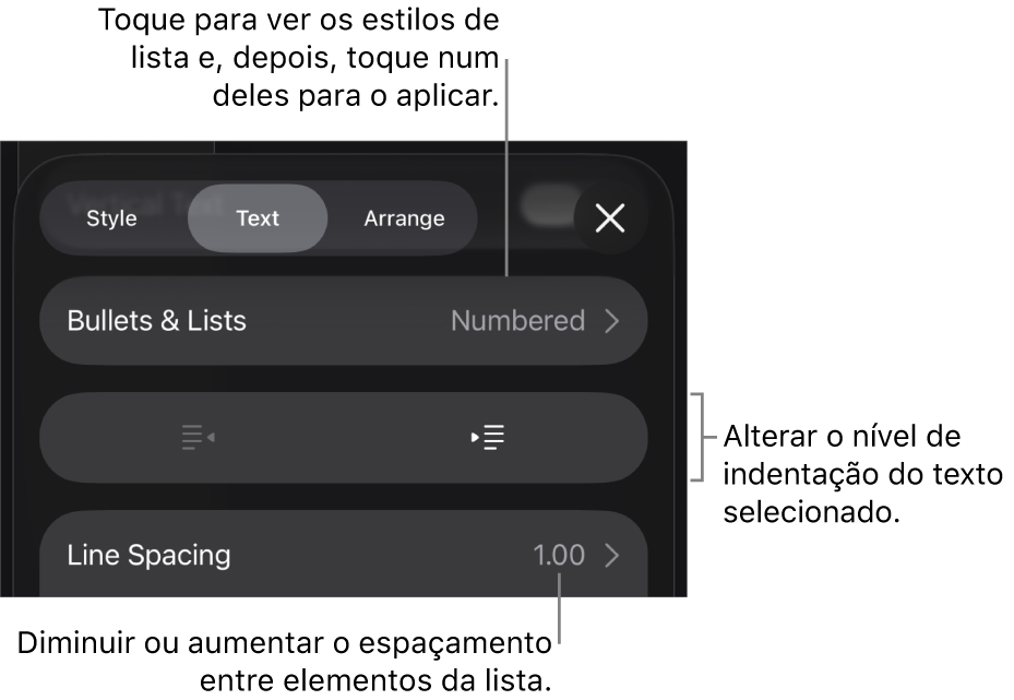A secção “Marcas e listas” dos controlos de “Formatação” com chamadas para “Marcas e listas”, botões de remover indentação e de indentação e controlos de espaçamento.