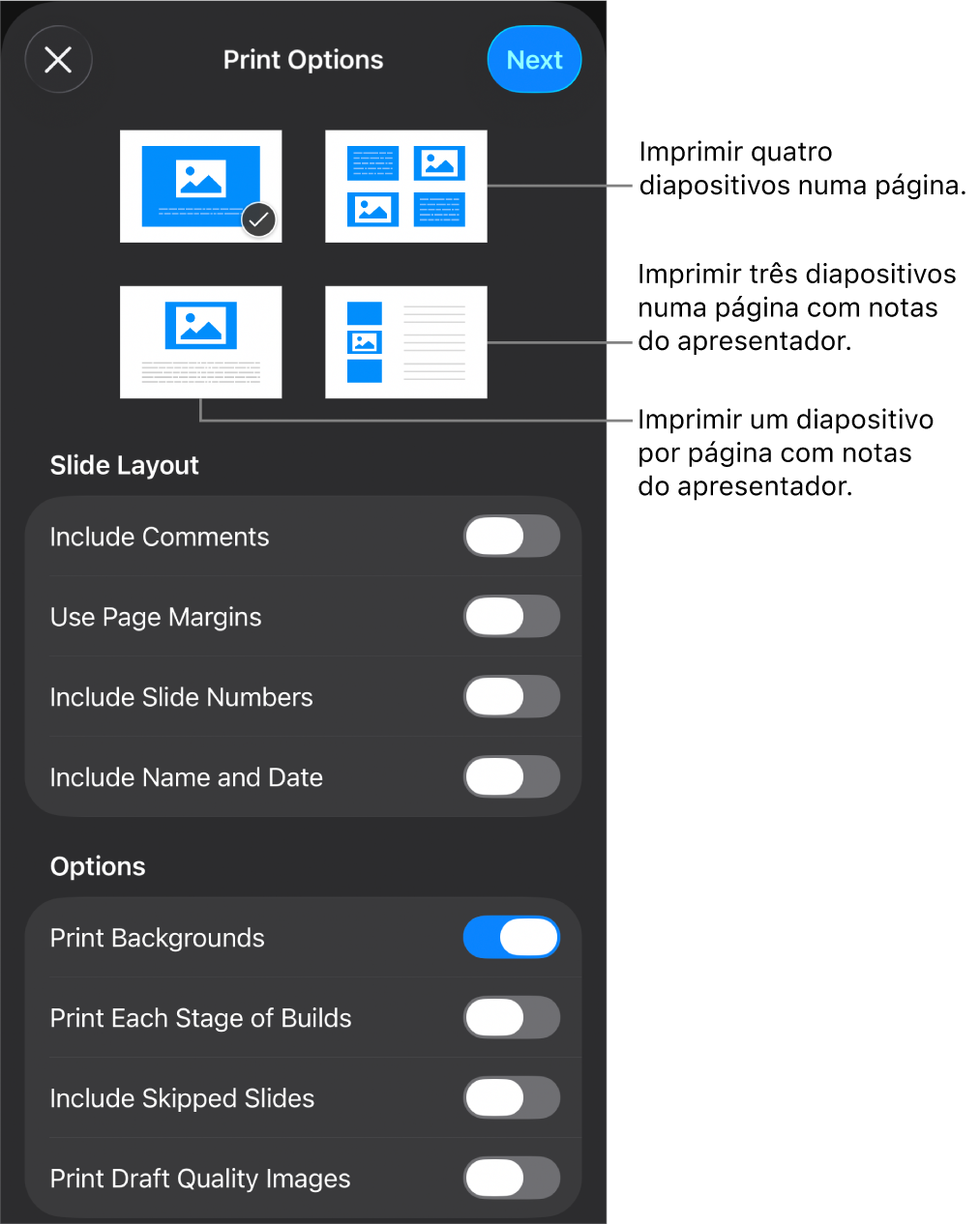 Opções de disposição de impressão.