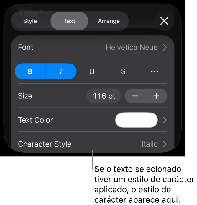 Os controlos de formatação de “Texto” com o “Estilo de carácter” por baixo dos controlos de cor. O estilo de carácter “Nenhum” aparece com um asterisco.