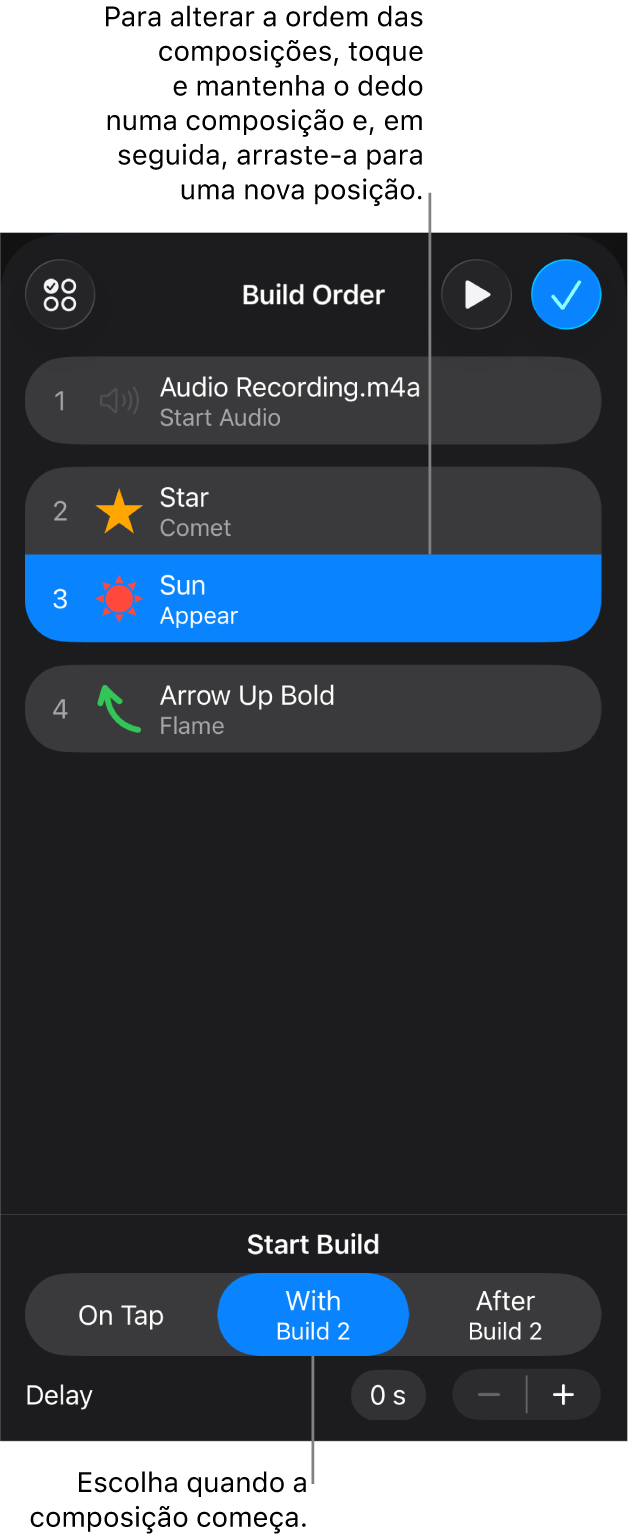 A lista “Ordem de composição” a indicar efeitos de entrada com emblemas amarelos e efeitos de saída com emblemas cinzentos.