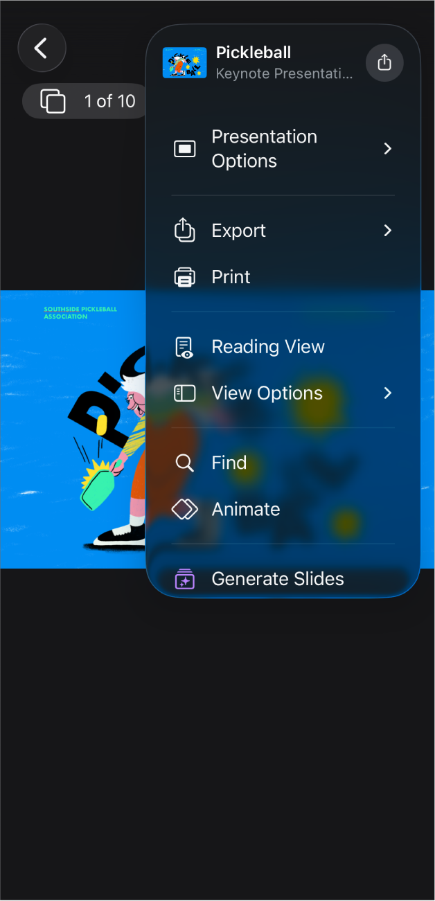 A aplicação Keynote com as opções de exportação abertas no menu Mais na barra de ferramentas.