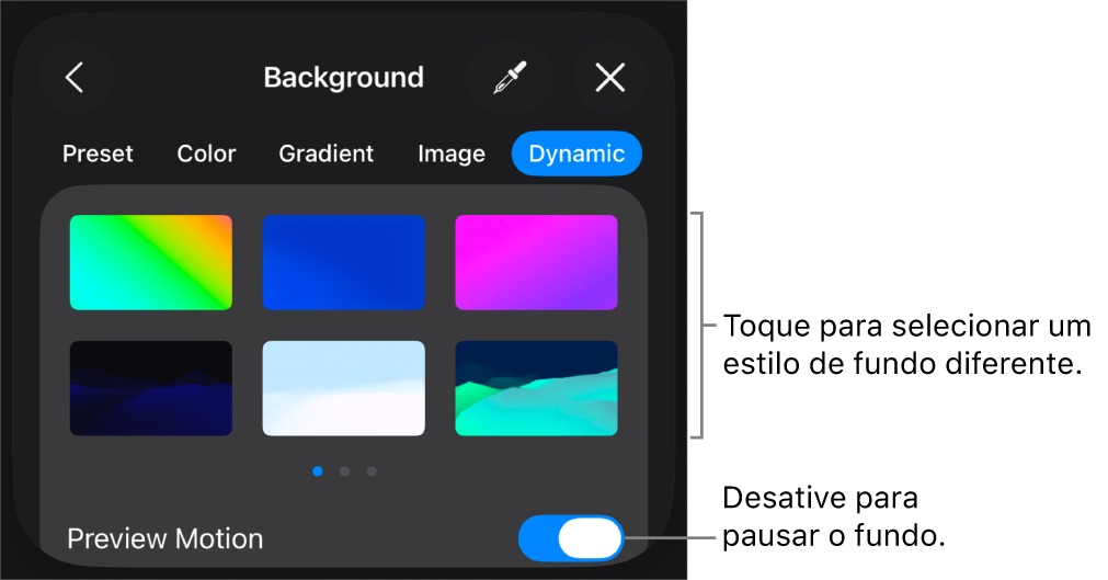 Os controlos de fundo dinâmico com as miniaturas do estilo de fundo e o botão “Pré‑visualizar movimento” apresentados.