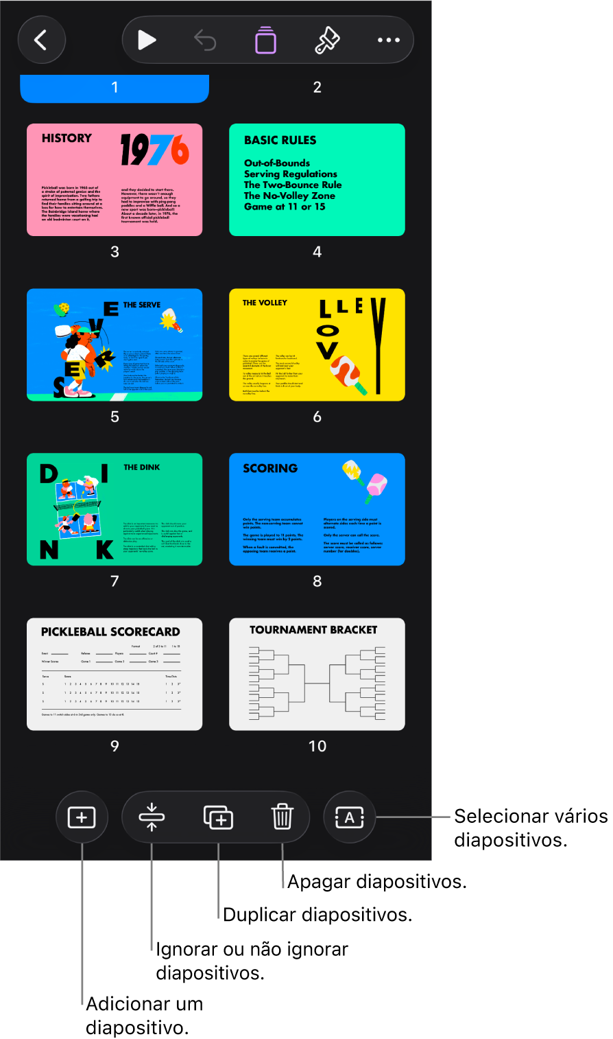Vista de mesa luminosa com botões na parte inferior do ecrã para adicionar, ignorar, duplicar e apagar diapositivos, e para selecionar vários diapositivos.