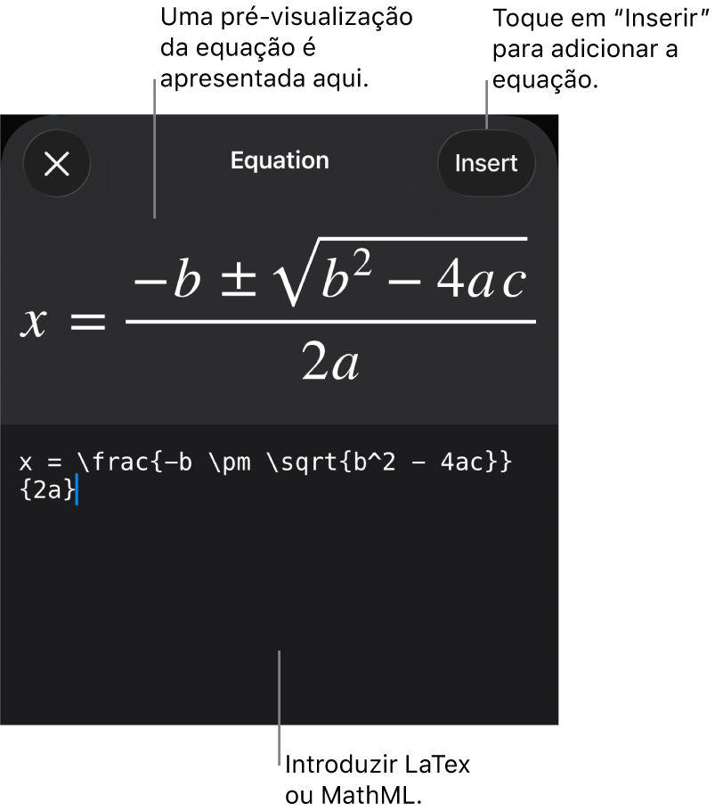 A caixa de diálogo “Equação”, apresentando uma equação escrita com recurso aos comandos MathML e uma pré-visualização da fórmula em cima.