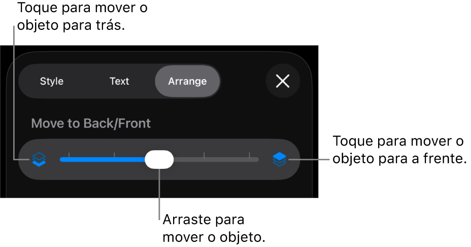 O botão “Mover para trás”, o botão “Mover para a frente” e o nivelador da camada.