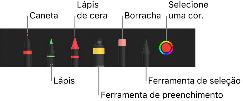As barra de ferramentas de desenho com uma caneta, lápis, lápis de cera, ferramenta de preenchimento, borracha, ferramenta de seleção e o seletor de cores a apresentar a cor atual.