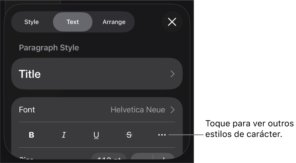 Os controlos de "Formatação” com estilos de parágrafo na parte superior e depois os controlos de tipo de letra. Sob “Tipo de letra” encontram-se os botões “Negrito”, “Itálico”, “Sublinhado”, “Riscado” e “Mais opções de texto”.