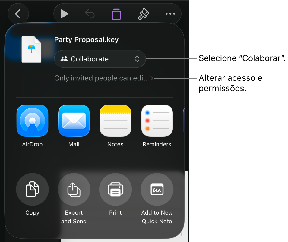 O menu "Partilha” com “Colaboração” selecionada na parte superior e as definições de acesso e permissão por baixo.