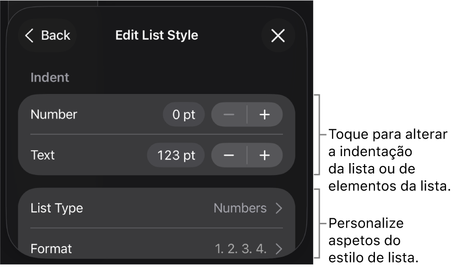 O menu “Editar estilo de lista” com controlos para edição do tipo e aspeto da lista.