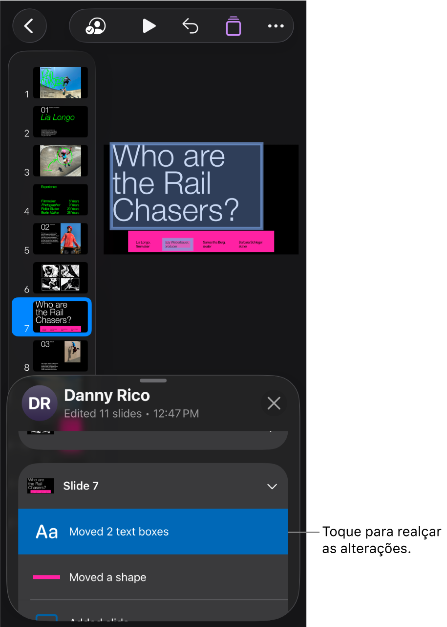 Uma apresentação colaborativa com o menu de colaboração e a lista de atividade abertas.