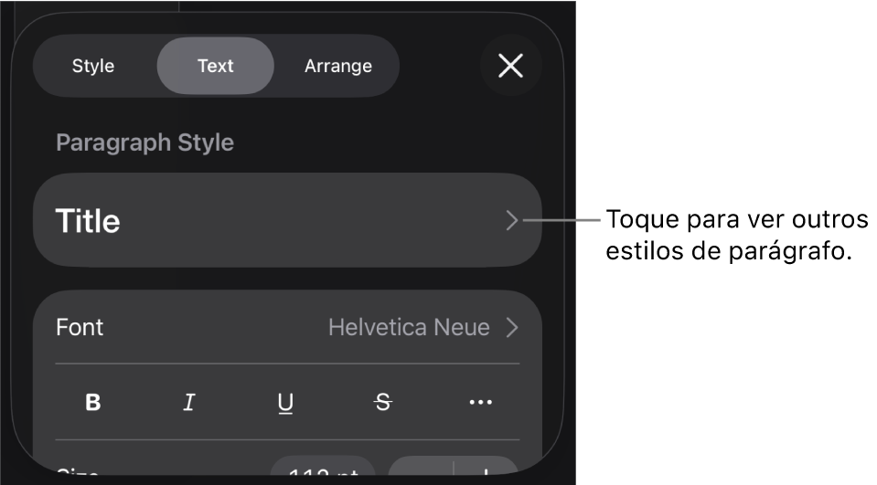 O menu "Formatação” a apresentar controlos de texto para definir estilos de parágrafo e carácter, tipo de letra, tamanho e cor.