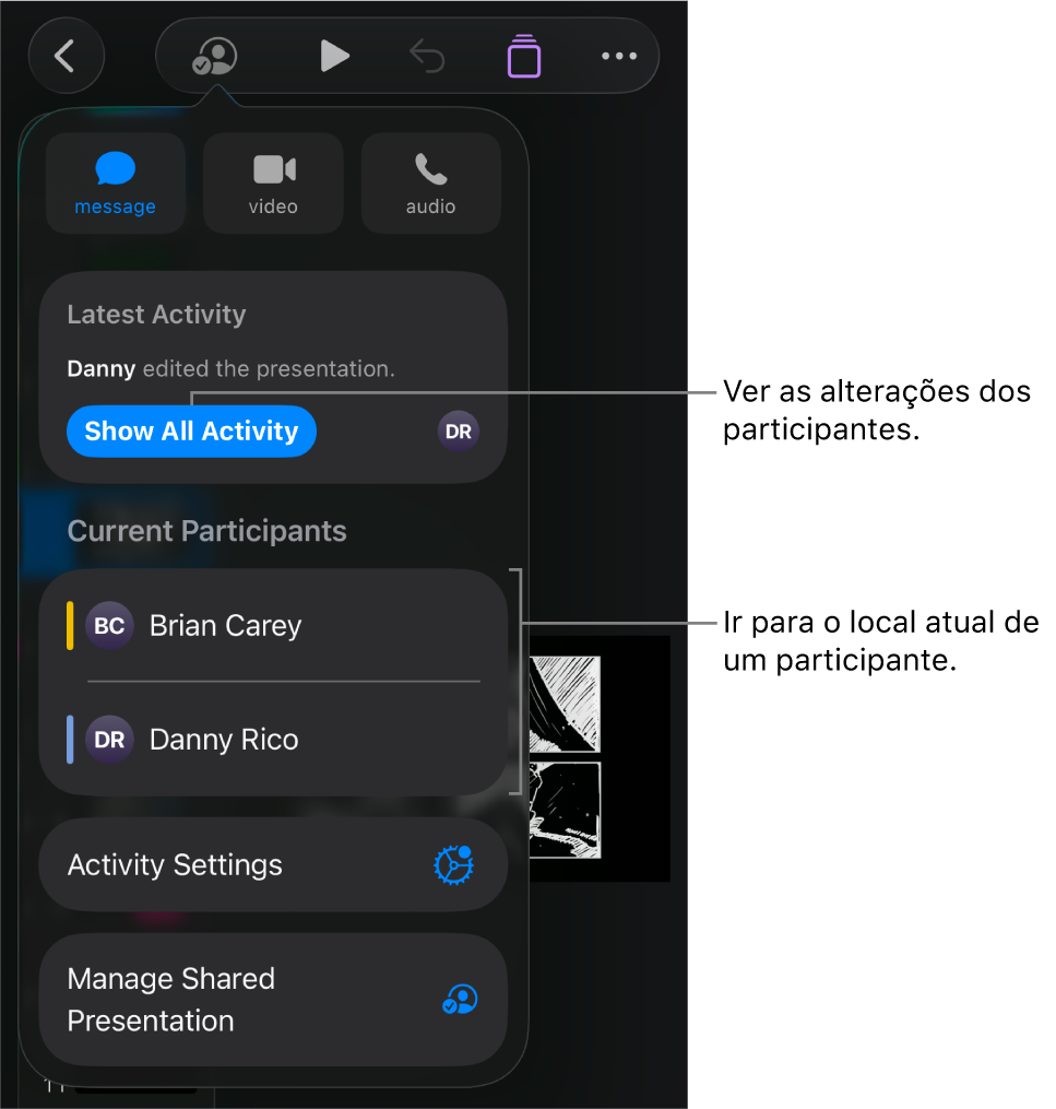 O menu de colaboração com os participantes atuais listados.