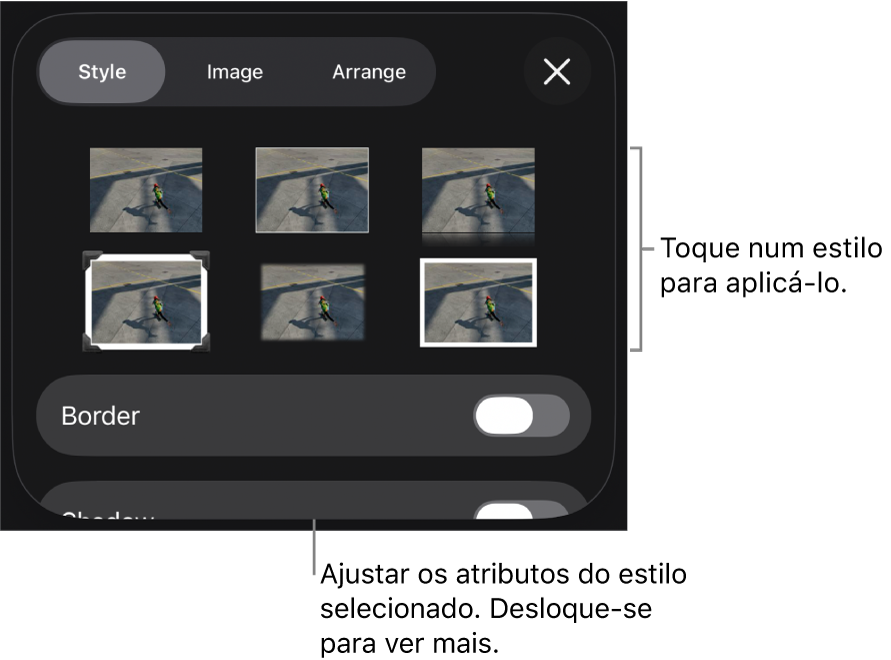 O separador “Estilo” do menu "Formatação” com estilos de objeto na parte superior e um controlo por baixo para alterar a borda.