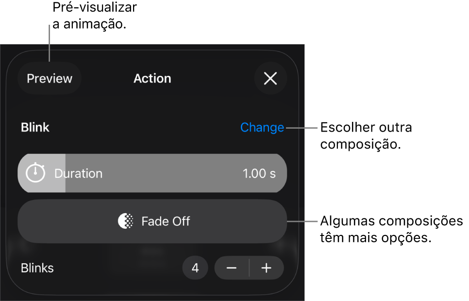 As opções de composição incluem “Duração” e “Temporização de início”. Toque em “Alterar” para escolher uma composição diferente ou toque em “Pré-visualizar” para pré-visualizar a composição.