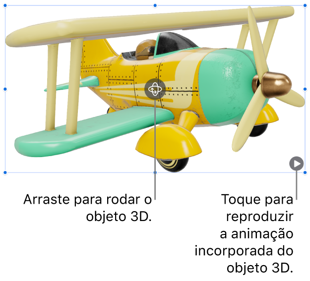 Um objeto 3D com o botão “Rodar” no meio do objeto e o botão “Reproduzir” no canto inferior direito.