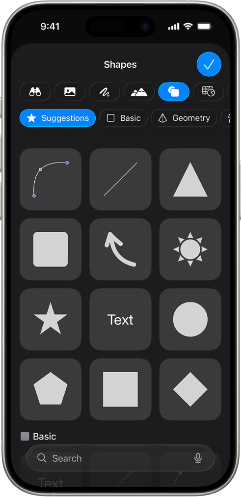 O menu “Inserção” com botões na parte superior para adicionar tabelas, gráficos, formas e multimédia.