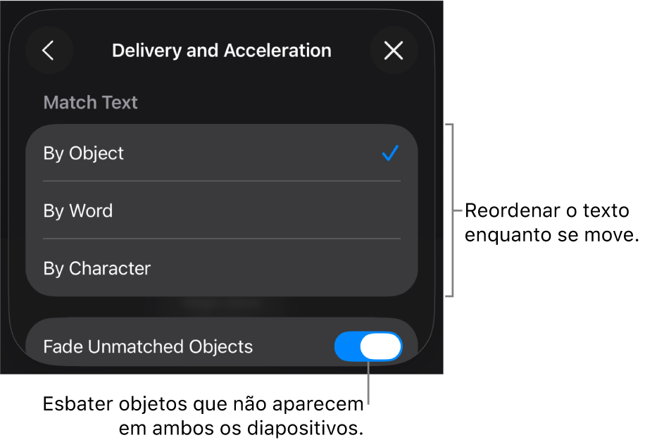 Opões de execução e aceleração do “Movimento mágico” no painel “Aceleração”.
