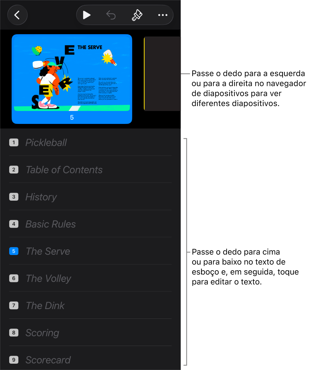 A vista de esboço com o navegador de diapositivos horizontal na parte superior do ecrã e o texto de esboço na parte inferior.
