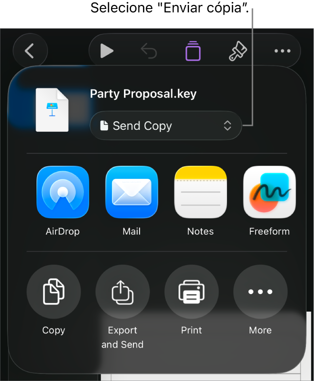O menu “Partilhar” com “Enviar cópia” selecionada na parte superior.