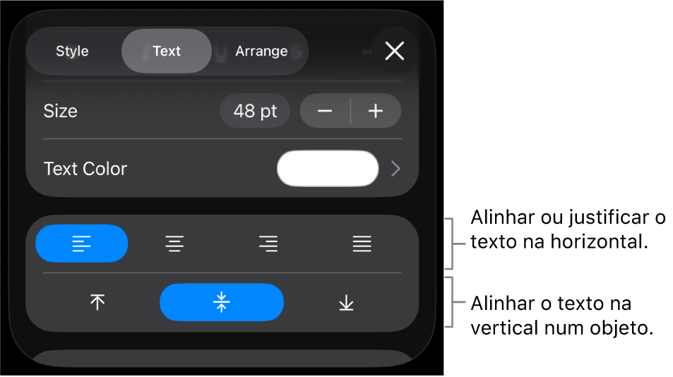 A secção “Alinhamento” do botão “Formatação” com chamadas para os botões de alinhamento de texto.