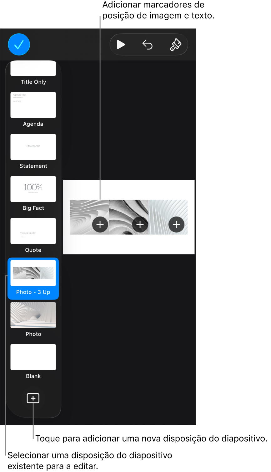 Uma disposição de diapositivo visível no fundo do diapositivo, com o botão “Adicionar disposição do diapositivo” na parte inferior do navegador de diapositivos.