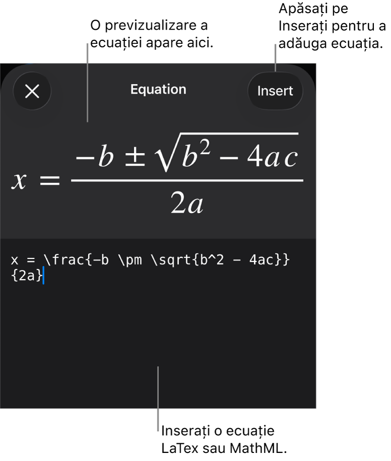 Caseta de dialog Ecuație, afișând o ecuație scrisă cu ajutorul comenzilor MathML și, deasupra, o previzualizare a formulei.