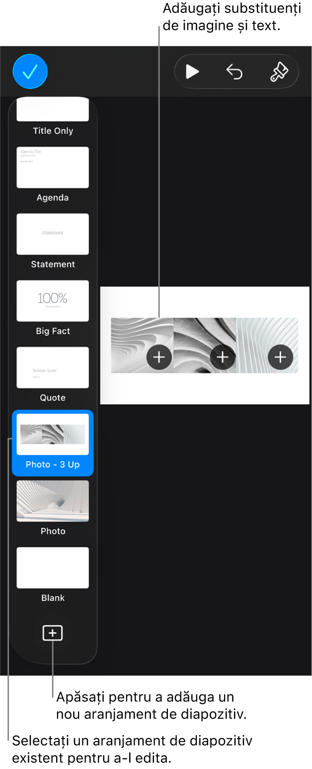 Un aranjament de diapozitiv care apare pe spațiul de lucru al diapozitivului, cu butonul „Adăugați un aranjament de diapozitiv” în partea de jos a navigatorului de diapozitive.