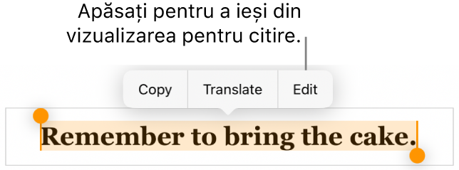 O propoziție este selectată și deasupra acesteia se află un meniu contextual cu butoanele Copiați și Editați.