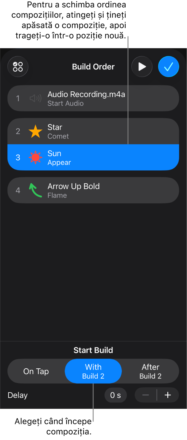 Lista Ordine compoziție prezentând efecte de intrare cu insigne galbene și efecte de ieșire cu insigne gri.