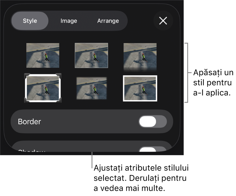 Fila Stil a meniului Format cu stilurile de obiect în partea de sus și o comandă sub acestea pentru modificarea bordurii.