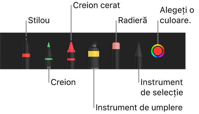 Bara de instrumentele pentru desen cu stilou, creion, creion cerat, instrument de umplere, radieră, instrument de selecție și sursă de culoare afișând culoarea curentă.