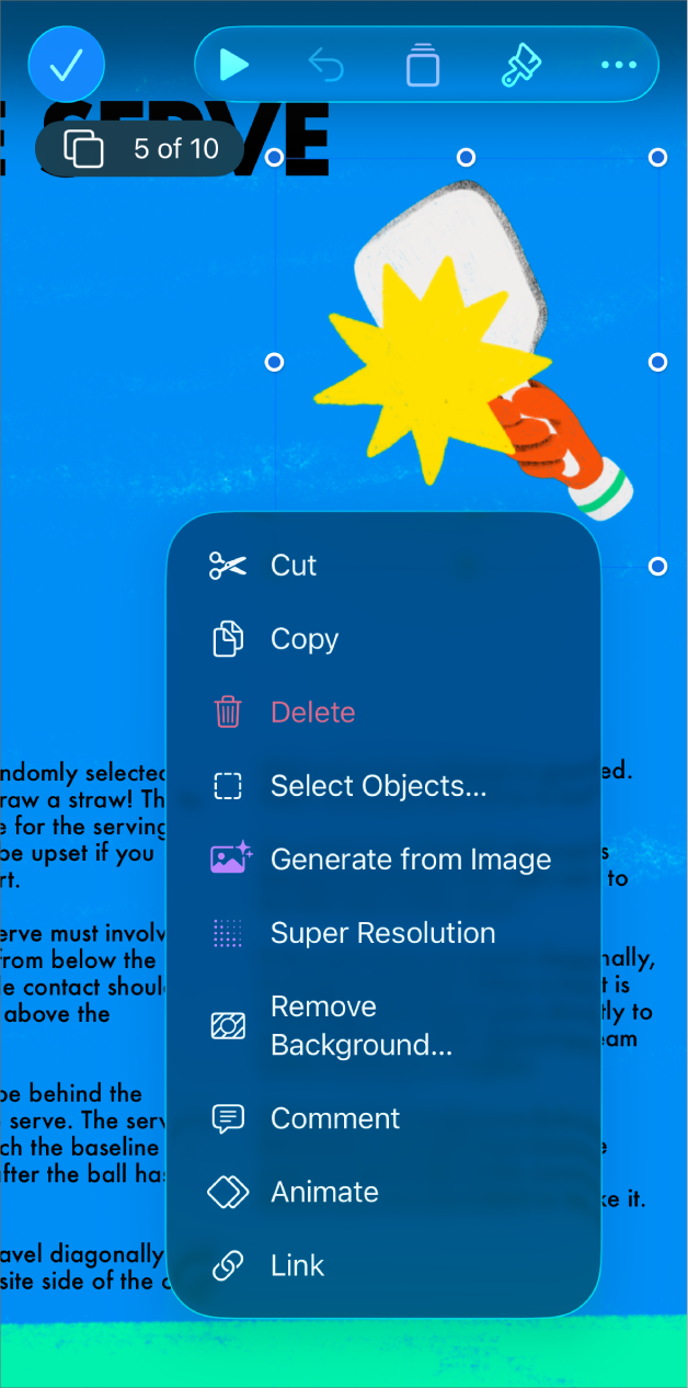 Aplicația Keynote cu un obiect selectat. Butonul Animare se apare în meniu, deasupra obiectului selectat.