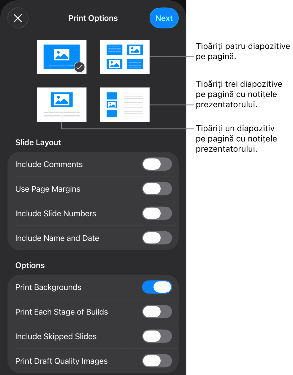 Opțiunile de aranjament pentru tipărire.