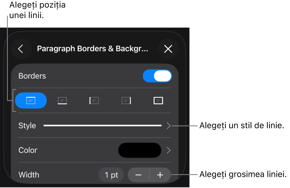 Comenzile pentru schimbarea stilului, grosimii, poziției și culorii liniei.