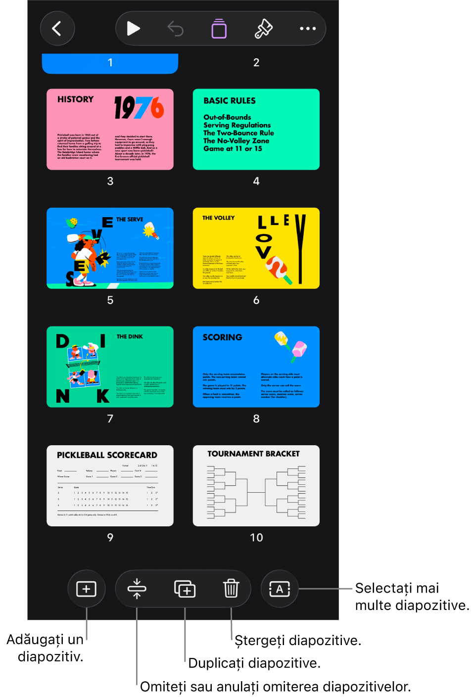 Vizualizarea Masă de montaj cu butoane în partea de jos a ecranului pentru adăugarea, omiterea, duplicarea și ștergerea diapozitivelor și pentru selectarea mai multor diapozitive.