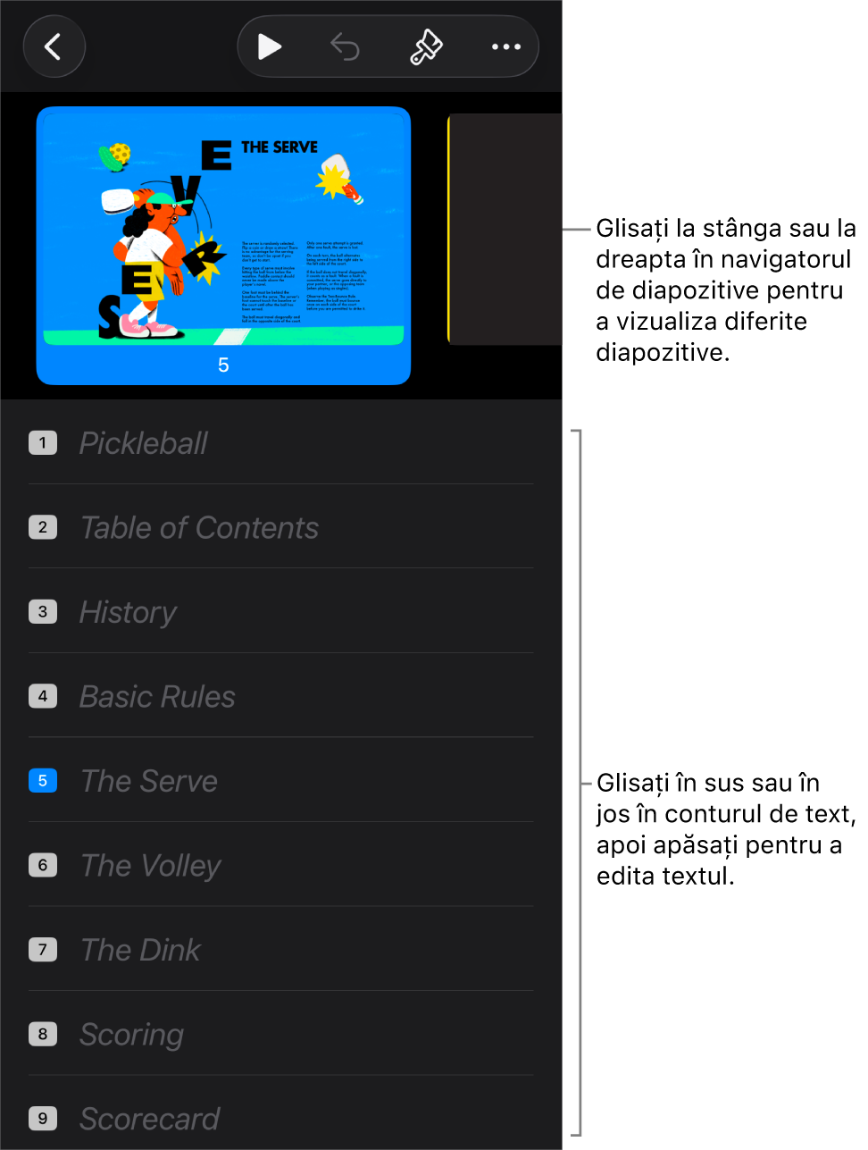 Vizualizarea Structură cu navigatorul orizontal de diapozitive în partea de sus a ecranului și structura cu text în partea de jos.