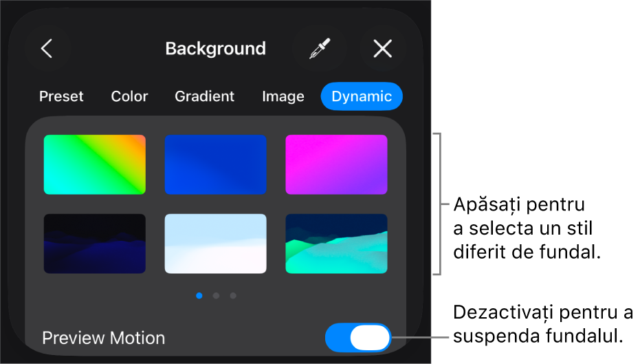 Comenzile pentru fundalul dinamic, cu miniaturile pentru stilul de fundal și butonul Previzualizare mișcare afișat.
