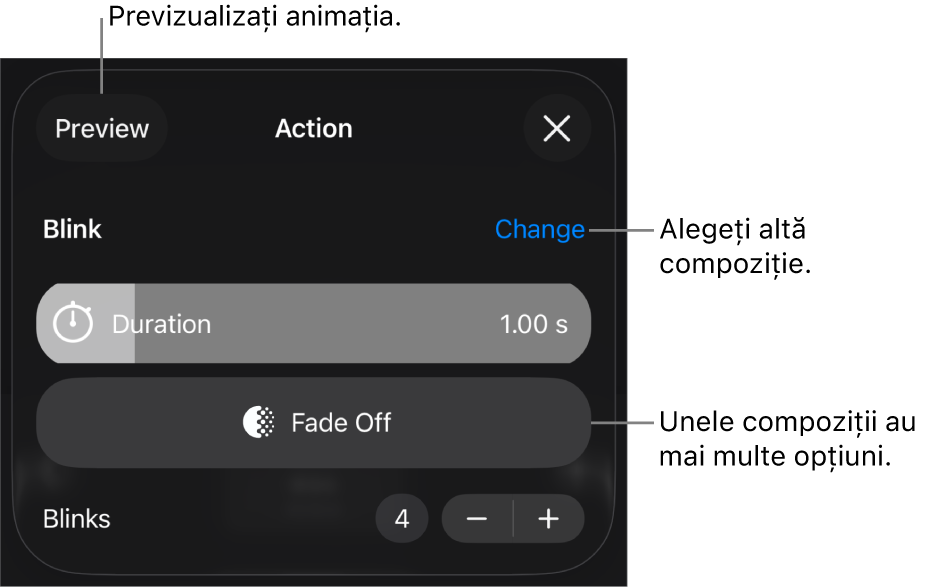Opțiunile de compoziție includ Durata și Începere temporizare. Apăsați Schimbați pentru a alege o altă compoziție sau apăsați Preafișează pentru a previzualiza compoziția.