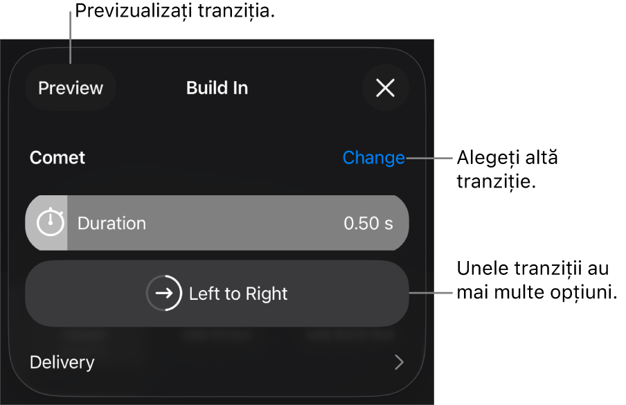 Comenzile din panoul Opțiuni pentru modificarea unei tranziții.