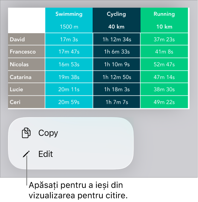 Un tabel este selectat și sub acesta se află un meniu cu butoanele Copiați și Editați.