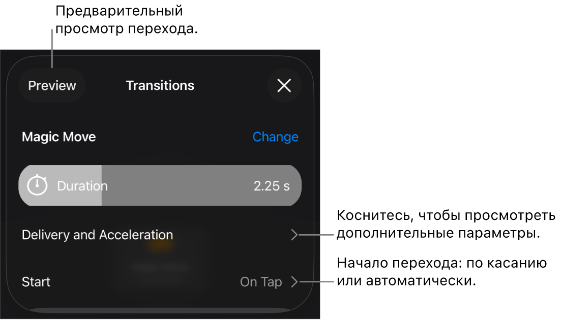 Элементы управления переходом «Волшебный сдвиг» в панели «Переходы».