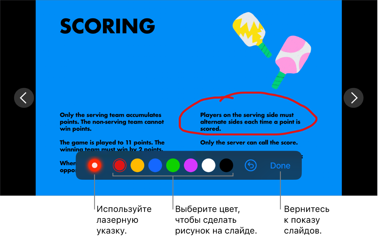 Изображение слайда в слайде с лазерной указкой и элементами выбора цветов.