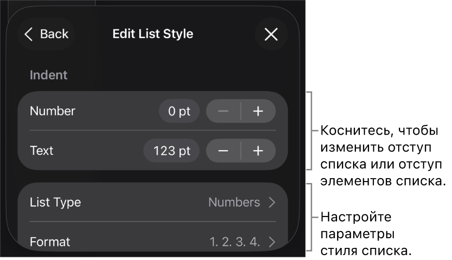 В меню редактирования стиля списка показаны элементы управления для изменения типа и внешнего вида списка.