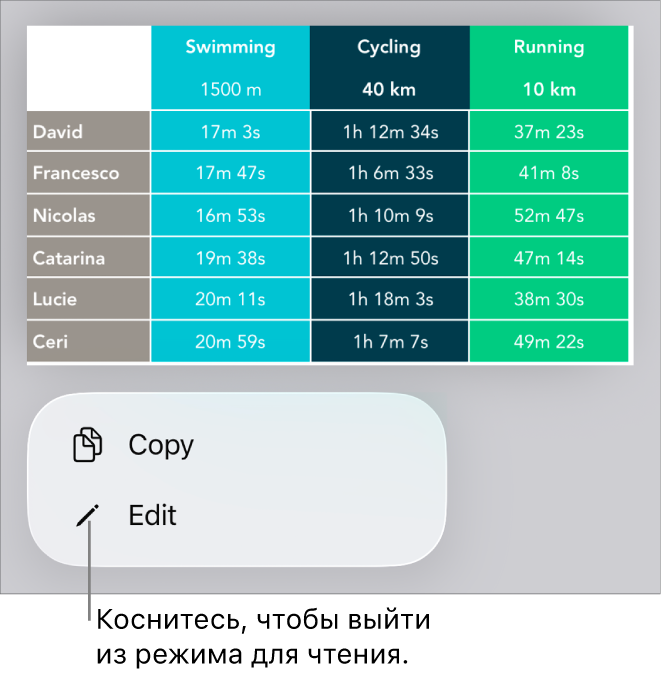 Выбрана таблица; под ней отображается меню с кнопками «Скопировать» и «Правка».