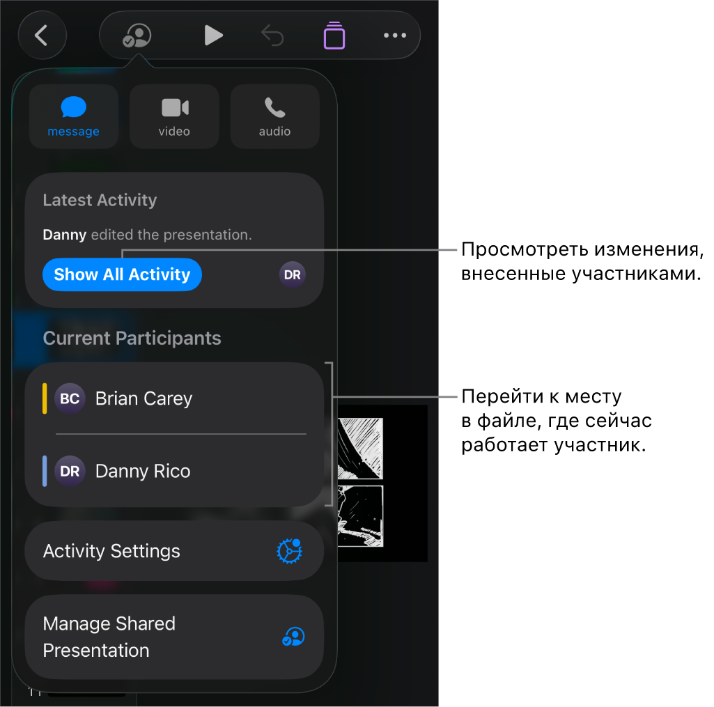 В меню совместной работы показаны активные участники.