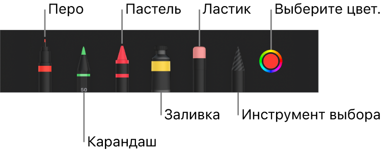 Панель инструментов рисования: перо, карандаш, пастель, заливка, ластик, инструмент выбора и цветовая область с текущим цветом.