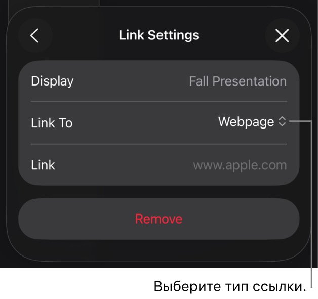 Элементы управления «Настройки ссылки»; выбран элемент «Веб-страница». В нижней части экрана показана кнопка «Удалить».